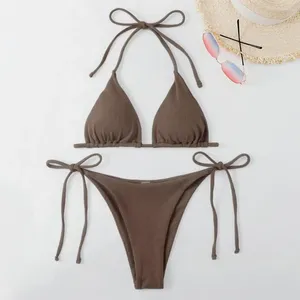 Women's Swimwear 2Pcs/Set Women Bathing Suit Ribbed Backless Pads Bikini Set Halter Triangle Bra Side Tie Thong Clothing