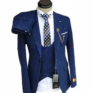 Fi Dot Suits For Men Navy Blue Chic hack Lapel Man Blazer Set Formal Casual Wedding Tuxedo 3 Piece Jacket+Vest+Pants K4NW#
