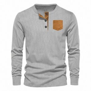 2024 Foreign Trade Spring New Leisure Men's Corduroy Henry Shirt Men's Lg sleeved Patch Bag T-shirt n6qb#