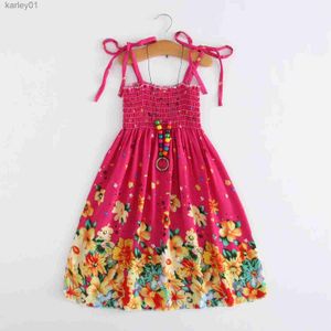 Girl's Dresses Summer Girls Floral Dress Sling Ruffles Bohemian Beach Princess Dresses for Girl Clothing 2 6 8 12 Years With Necklace Gift yq240327