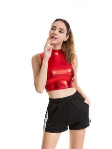 Women's Tanks Camis Womens crop top shiny material sleeveless sports vest gold silver shiny colors green red 24326