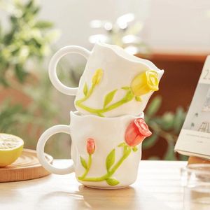 Canecas 2024 estilo criativo alívio cerâmica caneca de café rosa flor floral em relevo 3d porcelana copo de água para casal presente coreano ins