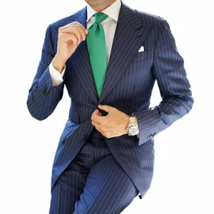 hot Sale Navy Pinstripe Men Suits Peaked Lapel Two Butt Groom Wedding Busin Prom Party Blazer Jacket Jacket+Pants T3B4#