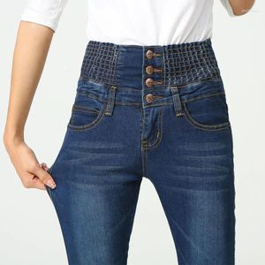 Jeans femininos Mulheres Cantura alta Slim Fit 2024 Primavera outono Autumn Feminino Lápis Cisça Four Buttons Ladies Casual Skinny calça jeans