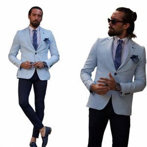 new Men Suits Tailor-Made 2 Pieces Blue Blazer Black Pants Single Breasted Peaked Lapel Busin Wedding Plus Size Tailored 95xJ#