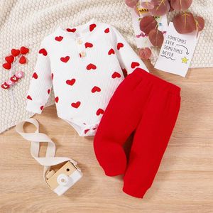 Clothing Sets FOCUSNORM 2 Colors Infant Baby Girls Clothes Set 0-18M Long Sleeve Heart Print Romper Elastic Drawstring Ribbed Pants