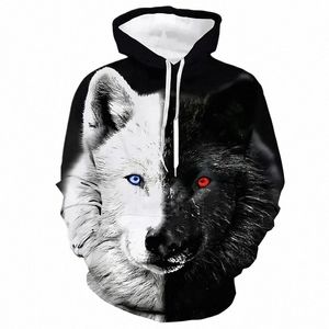 Schwarz-Weiß-Wolf-Druck 3D Herren Hoodies Fi Tiermuster Damen Sweatshirts Freizeit Essentials Pullover Jacken Mantel M6Oh #