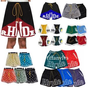 rhude American fashion brand new men's and women's contrasting color patchwork letter print loose casual mesh quick drying shorts for summer