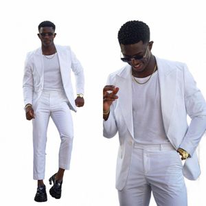 White Men's Suit 2 Pieces Blazer Pants Tuxedo One Butt Wide Satin Lapel Slim Fit Gentle Busin Work Wedding Groom Skräddarsydd U3RV#