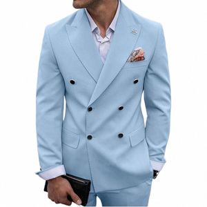 Двубортный небесно-голубой мужские костюмы Slim Fit Peak Lapel Groom Свадебные костюмы Блейзер на заказ Лучшие мужские смокинги Костюм Homme y2qH #