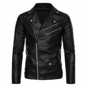 new Mens Leather Jackets Solid Turn Down Collar Casual Slim Fit Motorcycle Pu Leather Jacket Men Multiple pockets Zipper Coat J8Lh#