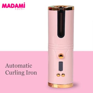 Irons Automatisk trådlös hårkrullning för kvinnor Curling Iron Ceramic USB uppladdningsbar Auto Rotera hårvågor Curls Styler LCD Display