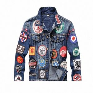 fi tendência jaqueta jeans desgaste dos homens e ajuste estilo europeu e americano patchwork jaqueta Lg manga decoração y09x #