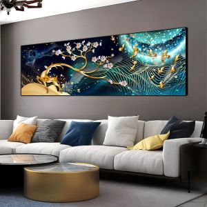 Knivar Abstract Golden Elk and Birds Artworks Canvas Måla moderna affischer och tryck väggkonstbild för vardagsrum heminredning