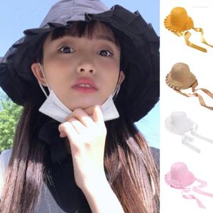 Berets Anti-UV Women Hat Cap Wide Brim Summer Girl Flounce Outdoor Beach Bucket Sunhat