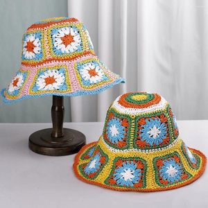 Ampla borda chapéus bohemia estilo sol proteção praia para mulheres verão palha senhoras chapéu moda luxo artesanal crochê balde