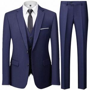 2023 Fi Men's Wedding Solid Color Casual Busin Suit 3 Pieces Set / Male Two Butt Blazers Trousers Pants Vest Waistcoat j50q#