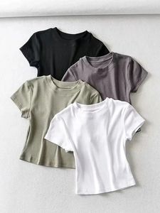 Sommerliches sexy Damen-T-Shirt mit O-Ausschnitt und kurzen Ärmeln, ultradünnes, elastisches, eng anliegendes Oberteil 240327