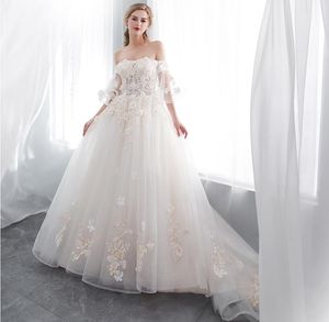 off the shoulder lace a line dresses elegant flare short sleeves tulle applique beaded sweep train wedding bridal dresses cps10031084254
