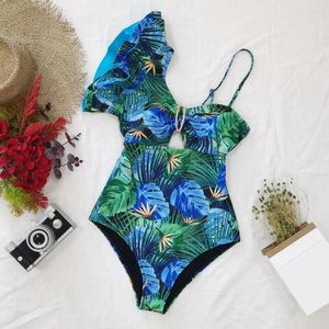 Kvinnors badkläder V-ringning i ett stycke Bikini Tropiska blad Tryck med ruffle hylsa för kvinnor sexig monokini