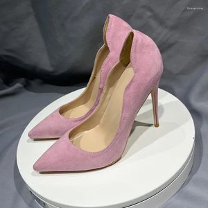 Sapatos de vestido Forma de onda Básica Mulheres Bombas Camurça Rosa Salto Alto 10cm Fêmeas Deslizamento em Moda Apontada Meninas Mulher Tamanho 43 44 45