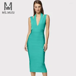 Vestidos casuais msmusi 2024 moda mulheres sexy cinta halter v pescoço listra sem mangas bandagem bodycon festa clube magro mini vestido vestidos