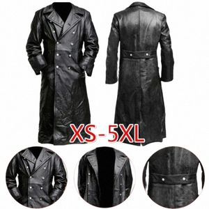men's GERMAN CLASSIC WW2 MILITARY UNIFORM OFFICER BLACK REAL LEATHER TRENCH COAT c1wm#