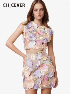 Work Dresses CHICEVER Hit Color Floral Women's Set O Neck Sleeveless Off Shoulder Top High Waist Bodycon Skirt Spliced Appliques Female