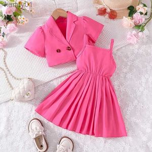 Vestidos de menina conjunto de roupas para criança menina 4-7 anos de idade manga curta botão superior suspensórios plissados vestidos de princesa roupa de verão para menina yq240327