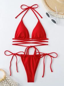 Frauen Badebekleidung Sexy Red Micro Bikini 2024 Mujer Frauen Badeanzug Schwarz Kriss Kreuz Verband Push Up Badeanzug Tie Side Tanga Bikinis