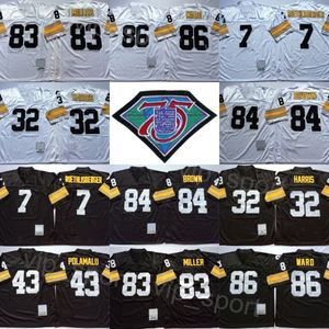 Vintage 1975 Football 43 Troy Polamalu Jerseys 83 Heath Miller 84 Antonio Brown 86 Hines Ward 32 Franco Harris 7 Ben Roethlisberger Team Color Black White 75th Retro