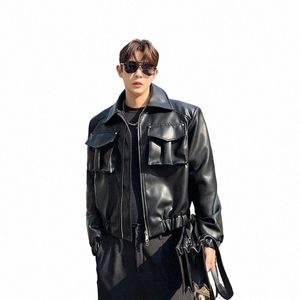 noymei Men's Jacket Trend Fi 3D Pocket Double Zipper Design Niche PU Leather Short Coat Spring 2024 Korean New WA3143 Q0V3#