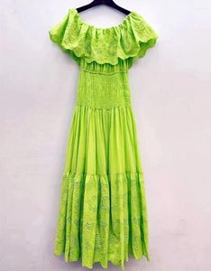 Casual Dresses 2024 Style Smocked Elastic Women Strapless Dress Ruffles Spliced Embroidered Female Midi