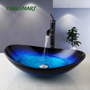 Rubinetti per lavabo da bagno YANKSMART Bacino di bambù Rubinetto nero Lavabo in vetro temperato dipinto a mano Set da bagno in ottone Rubinetti miscelatori