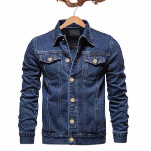 Spring Men Denim Jacket Lapel Single Breasted Solid Color Fi Motorcykel Jeans Jacket Slim Fit Cott Casual Black Blue Coat P52J#