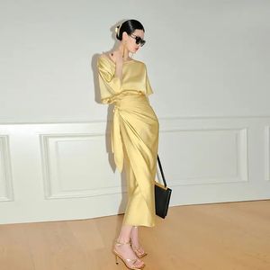 2024 Summer Elegant High Quality Luxury Chiffon Solid Color Raglan Sleeve Bag Hip lutande axelklänning för kvinnor Prom Clothing