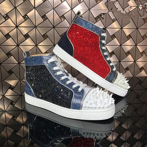 Casual Shoes Luxury Handgjorda Crystal Spikes Männitar Röd Vit plattform Sneakers Mens High-Top Lace-Up High Quality Motorcykel