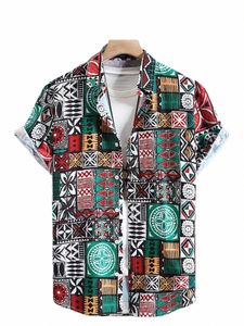 2024 New Fi Men's Geometric Shirt Short Sleeve Hip Hop Style Casual Butt-Down Random Print Shirts Tops Streetwear for Men S8Pc#