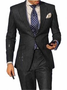 Nya Fi Black Striped Suits Slim Fit 2 Pieces Single Breasted Elegant Formal Best Men Manliga bröllopsdräkter Set Costume Homme 95py#