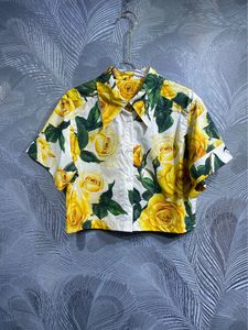 Модные элегантные хлопковые блузки весна-лето женские желтые однобортные уличные рубашки с отложным воротником и цветочным принтом