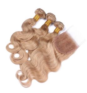 Capelli umani biondi miele brasiliani intrecciati con chiusura in pizzo 4 pezzi / lotto 27 chiusura frontale in pizzo marrone chiaro 4x4 con onda corporea 3Bu3241857