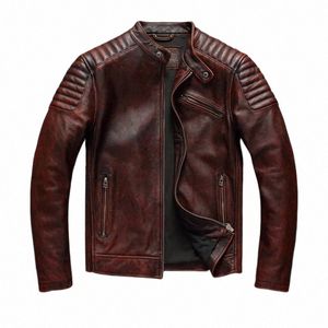 Retro Top Schicht Rindsleder Motorrad Lederjacke Rötlich Braun Leder Radfahren Anzug männer Slim Kurzmantel p2uh #