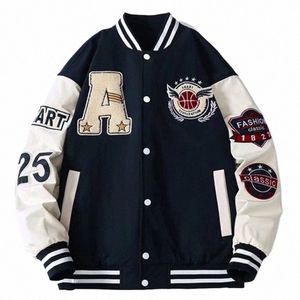 MENS Spring Fall Varsity Jackets broderi Korean FI Loose Baseball Uniform Par Blue Retro Leather Sleeve Bomber Coats E1JD#