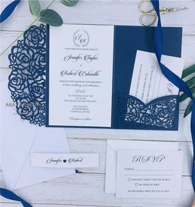 Navy Blue Laser Cut Pocket Wedding Invitation Suites Anpassningsbara inbjudningar med kuvert som skickas av UPS2784113