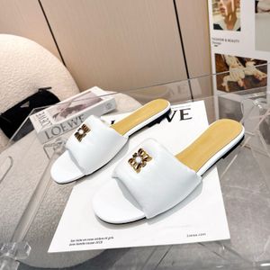 Kvinnors designer tofflor riktiga lädermönster sommar platt botten bokstav sandal tofflare flip flops lyxig platt fast colorwomen utomhus strand sandaler stilett