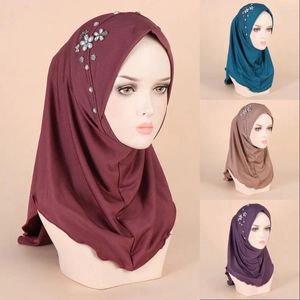 Scarves Muslim Women Wear Directly Instant Hijab Fashion Headscarf Arab Turban Besds Rhinestone Flower Solid Khimar