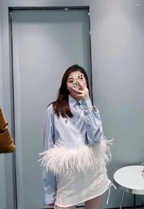 Blusas femininas nniu primavera camisa feminina elegante carta bordado listrado avestruz pena retalhos topo coreano comentários muitas roupas