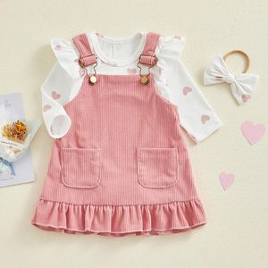 Conjuntos de roupas da criança bebê menina roupas conjunto coração plissado manga longa macacão bodysuit suspender saias bandana 3pcs outfits