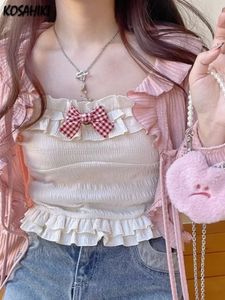 KOSAHIKI Kawaii Candy Color Crop Top Women Japanese Lolita Sweet Tank Boe Ruffle Short Tee Shirt All Match Cute s Summer 240318