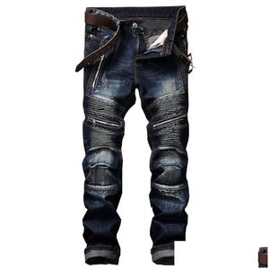 Men'S Jeans New Fashion Vintage Moto Biker Men Hip Hop Streetwear Ripped Denim Pants Trousers Zipper Male Slim Fit Clothes Drop Deliv Dhd47